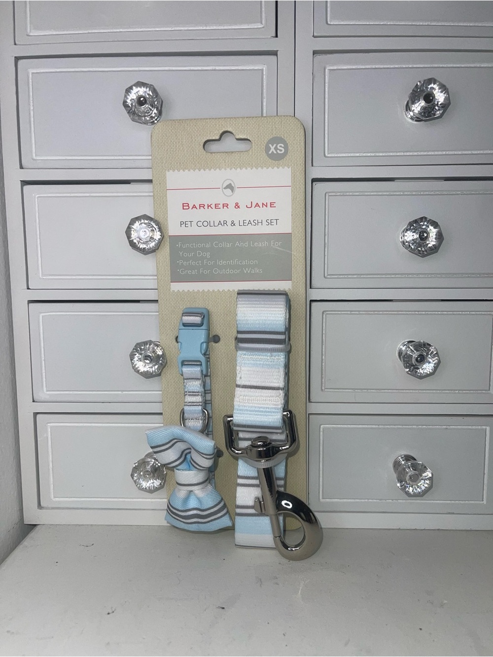 NWT Barker & Jane XS Pet Collar & Leash Set - Light Blue Stripe